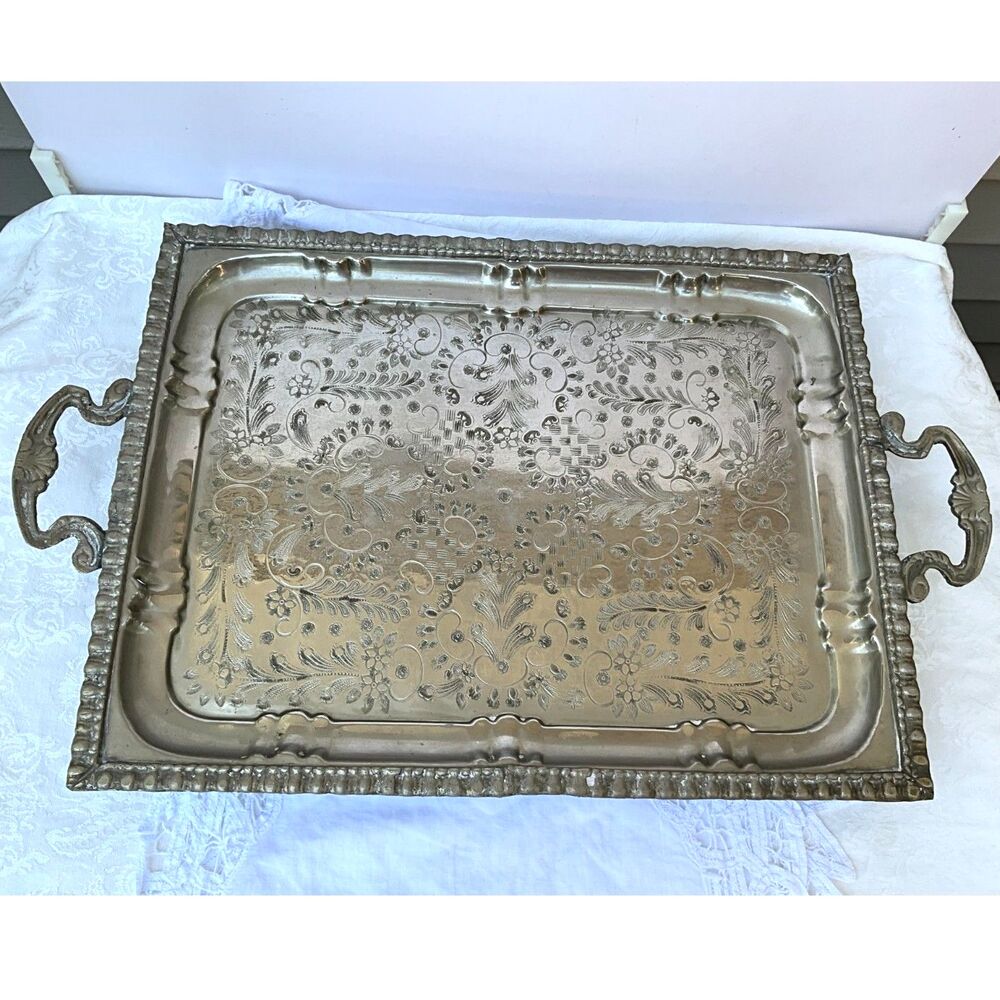 Vintage silver etched serving tray gorgeous display tray Paris Apt Moroccan